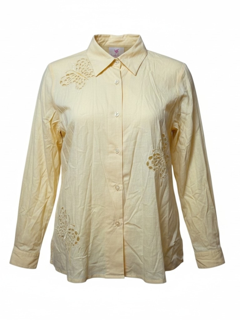 QUACKER FACTORY | Butterfly Cutout‎ Linen Blend Button Down Shirt Yellow | 1X
